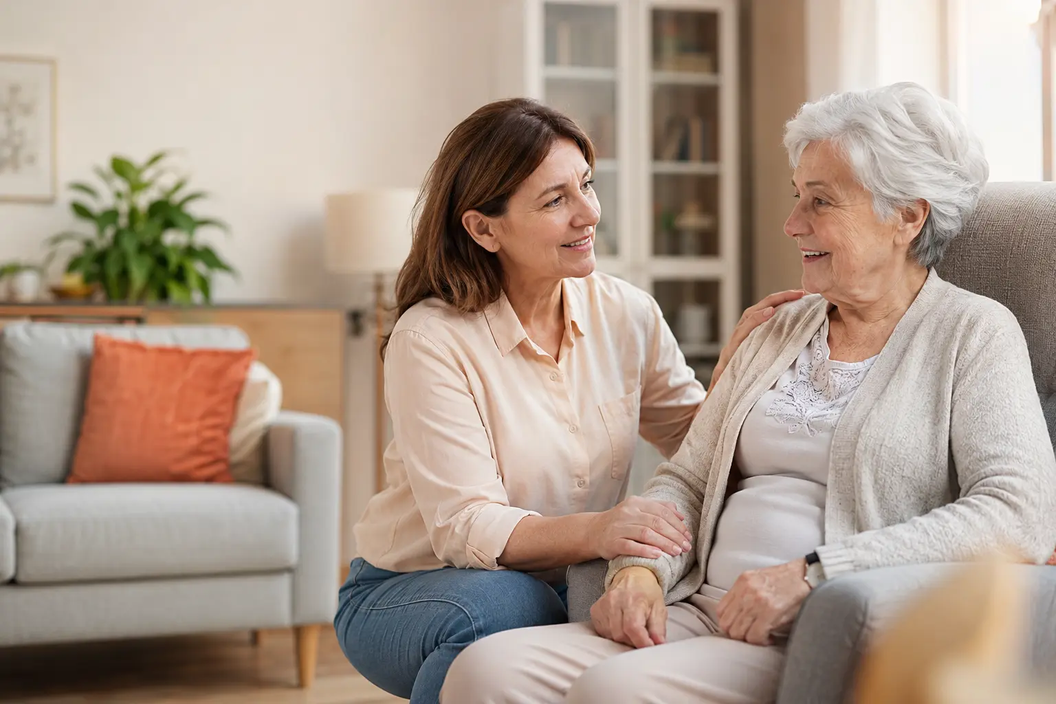 Eine Betreuungskraft und eine Seniorin im vertrauten Wohnzimmer